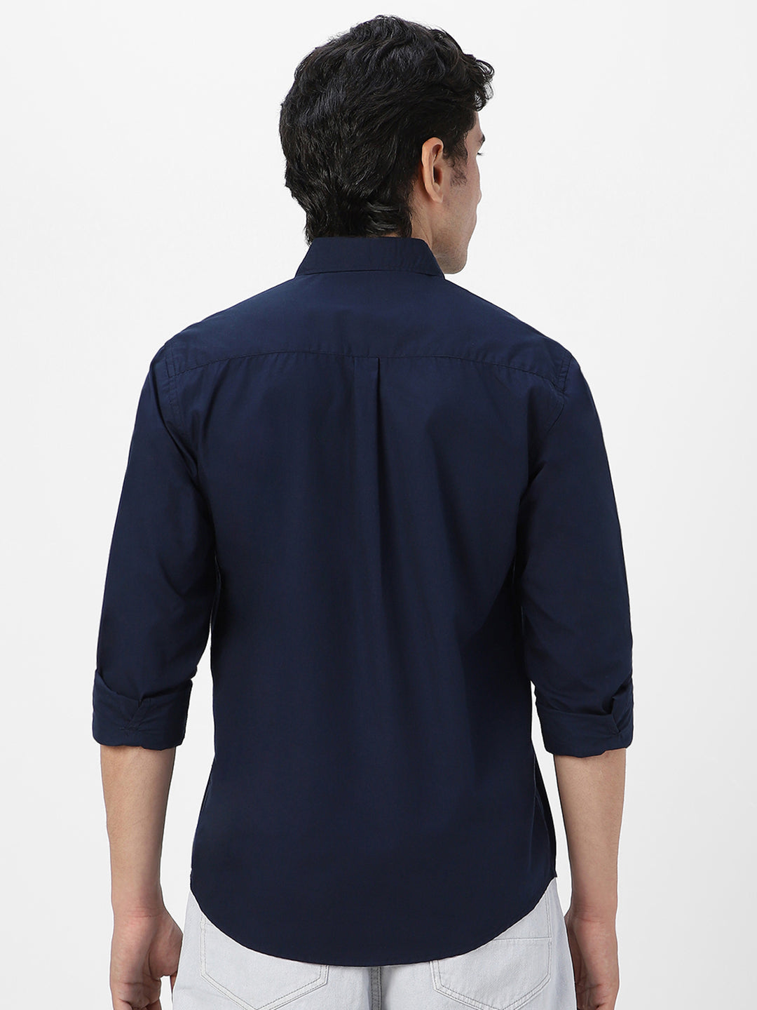 Men's Navy Cotton Full Sleeve Regular Fit Casual Solid Shirt
