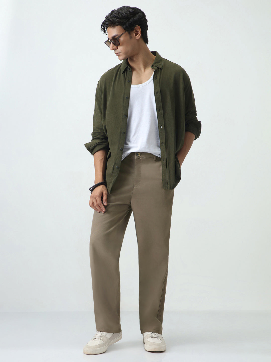 Men's Grey Loose Baggy Fit Solid Chino Trousers Non-Stretchable