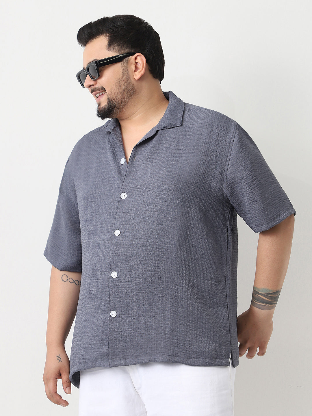 Plus Men's Slate Blue Cotton Half Sleeve Oversized Fit Textured Shirt with Cuban Collar
