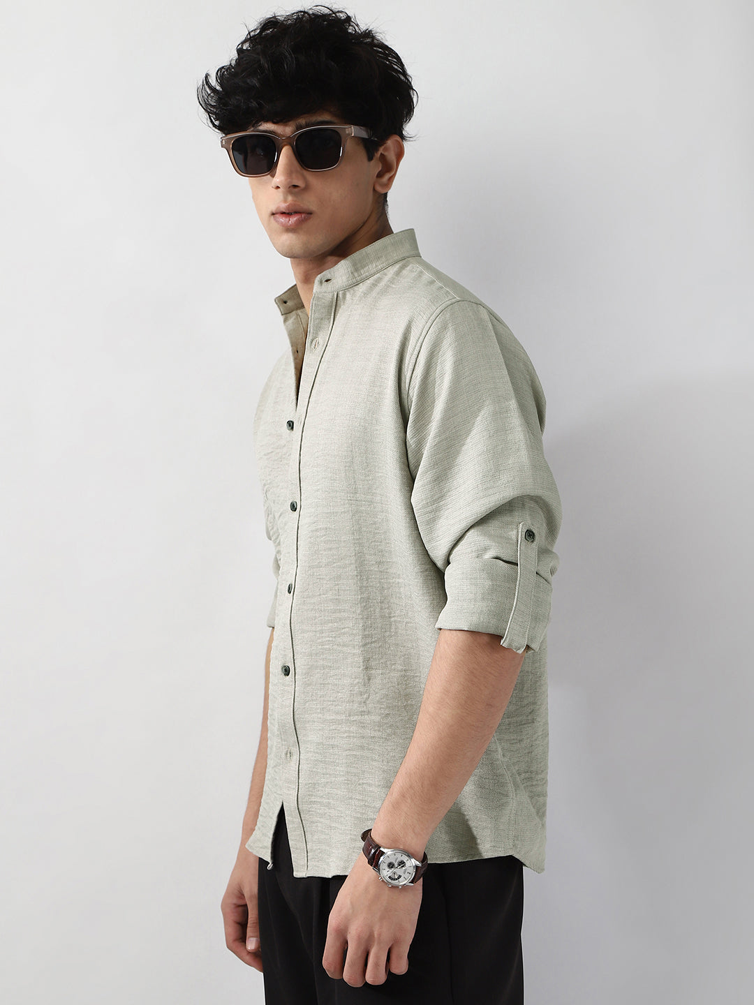 Men's Beige Linen Blend Full Sleeve Relaxed Fit Mandarin Collar Casual Solid Shirt