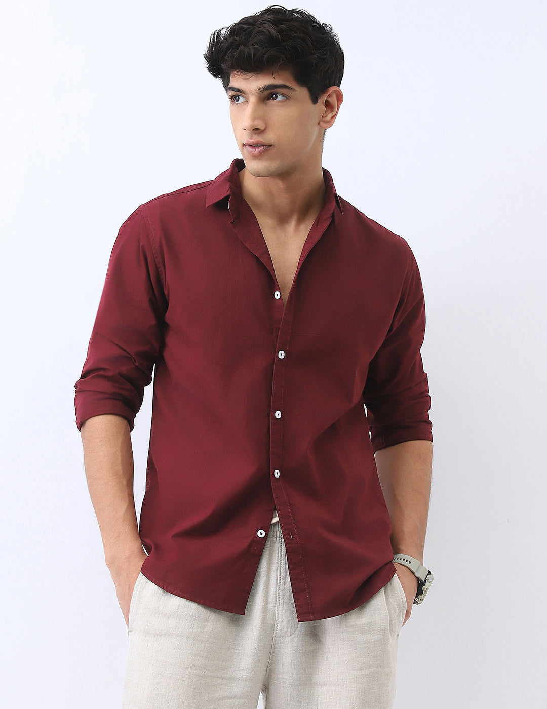 Men's Maroon Cotton Full Sleeve Regular Fit Casual Solid Shirt