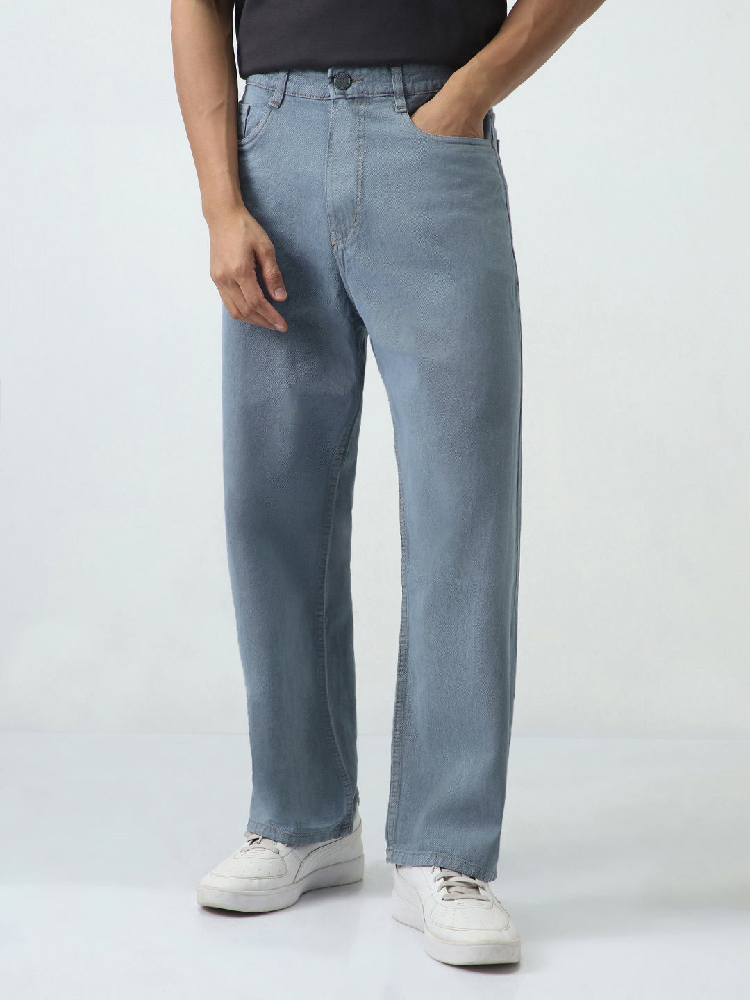 Men's Light Grey Loose Fit Washed Jeans Non-Stretchable