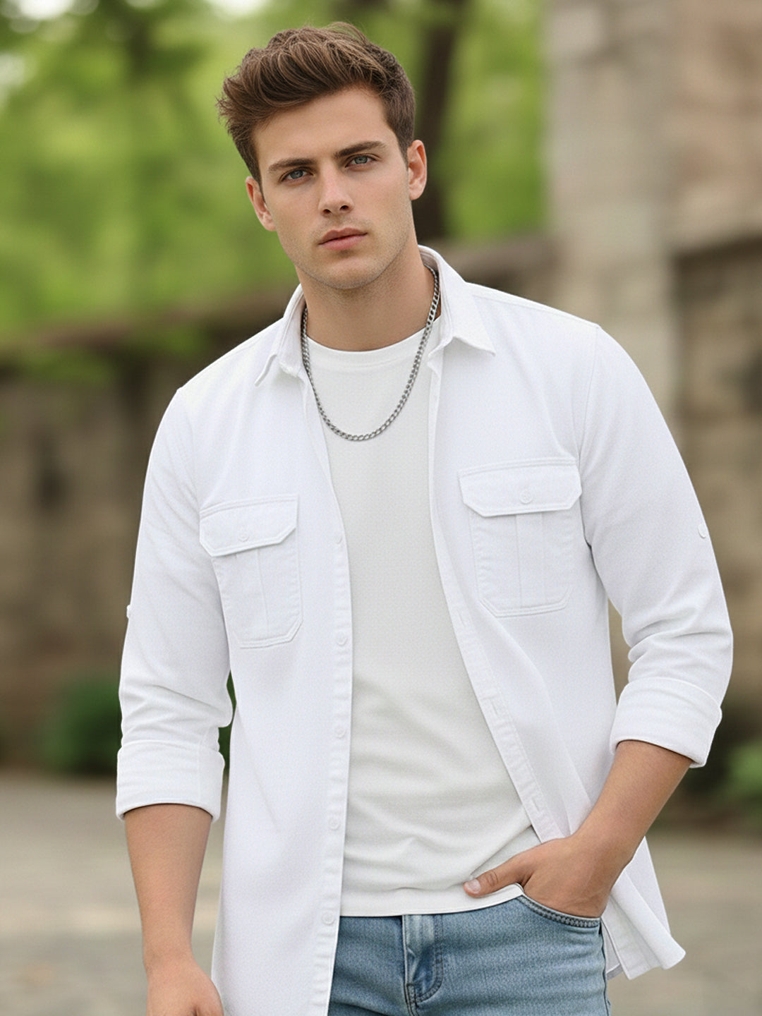 Men's White Cotton Full Sleeve Regular Fit Casual Solid Shirt