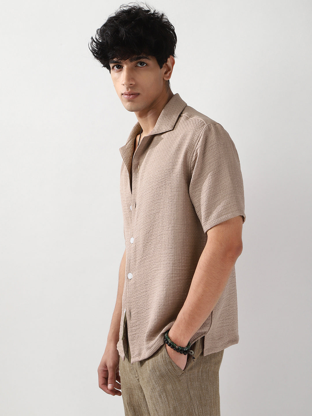 Men's Mocha Mousse Cotton Half Sleeve Oversized Fit Textured Shirt with Cuban Collar