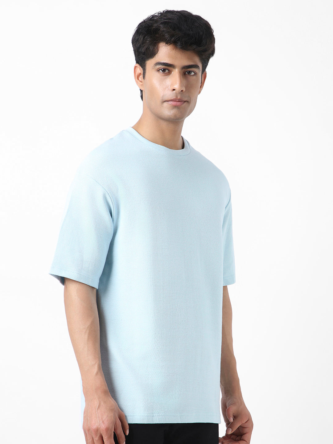 Men's Pastel Blue Textured Round Neck Oversized Half Sleeve Cotton T-Shirt