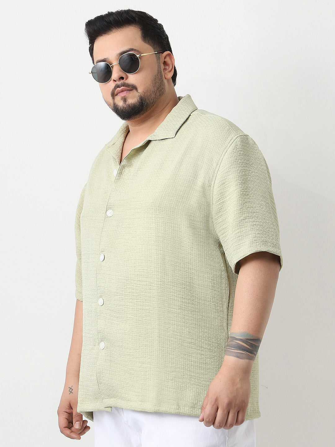 Plus Men's Pastel Olive Cotton Half Sleeve Oversized Fit Textured Shirt with Cuban Collar