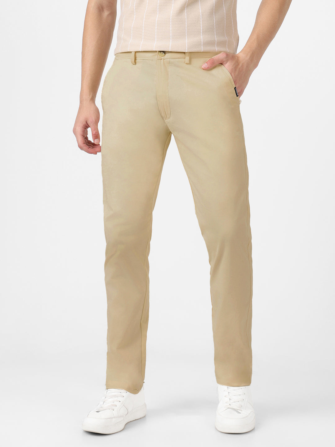 Men's Cream Cotton Slim Fit Casual Chinos Trousers