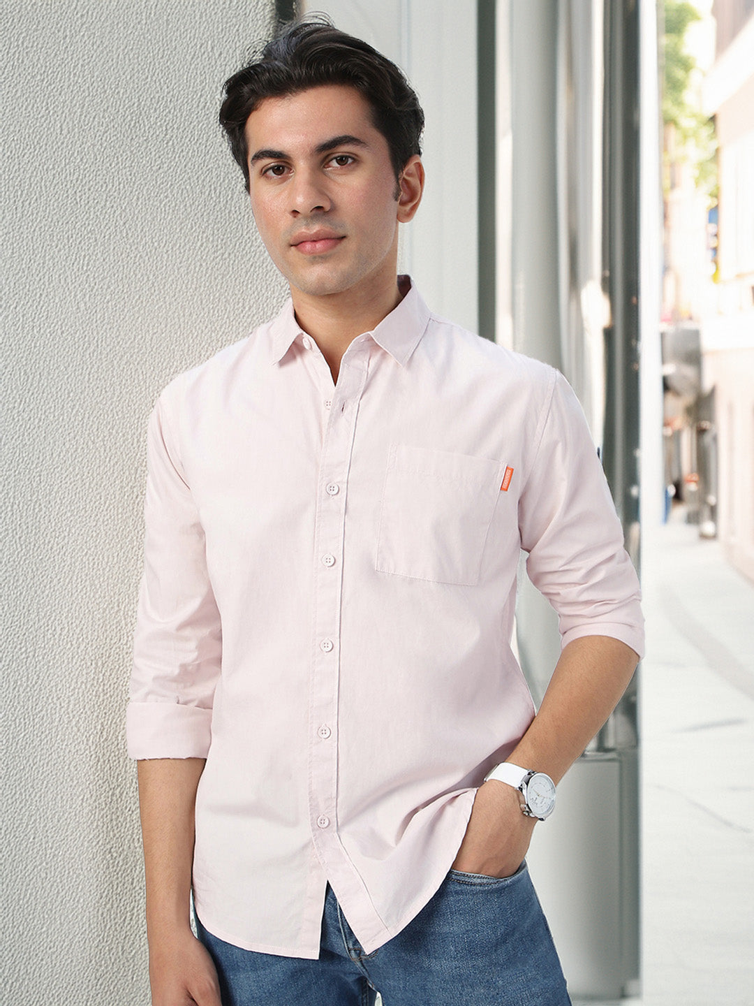 Men's Baby Pink Cotton Full Sleeve Regular Fit Casual Solid Shirt