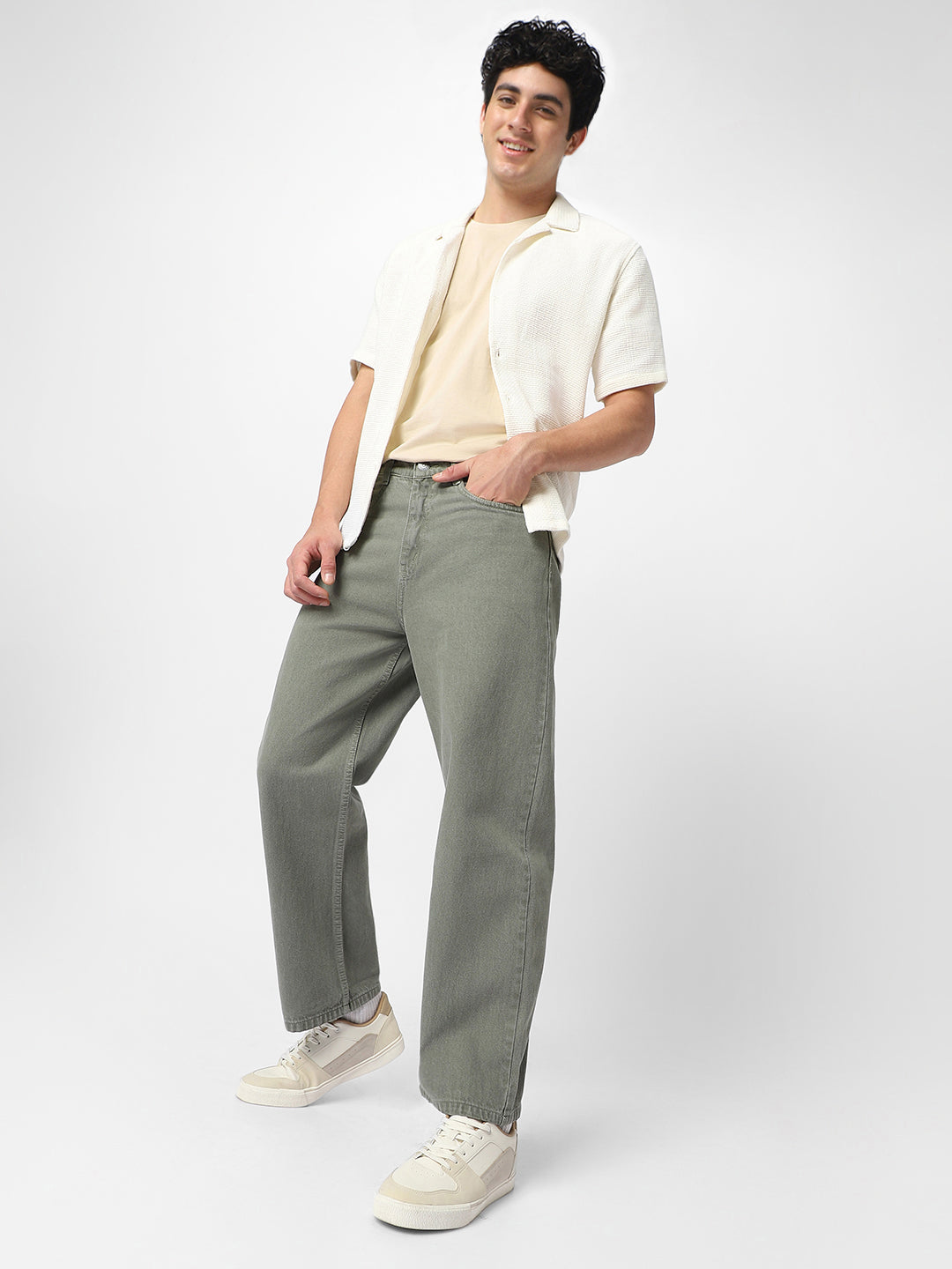 Men's Olive Green Loose Fit Washed Jeans Non-Stretchable