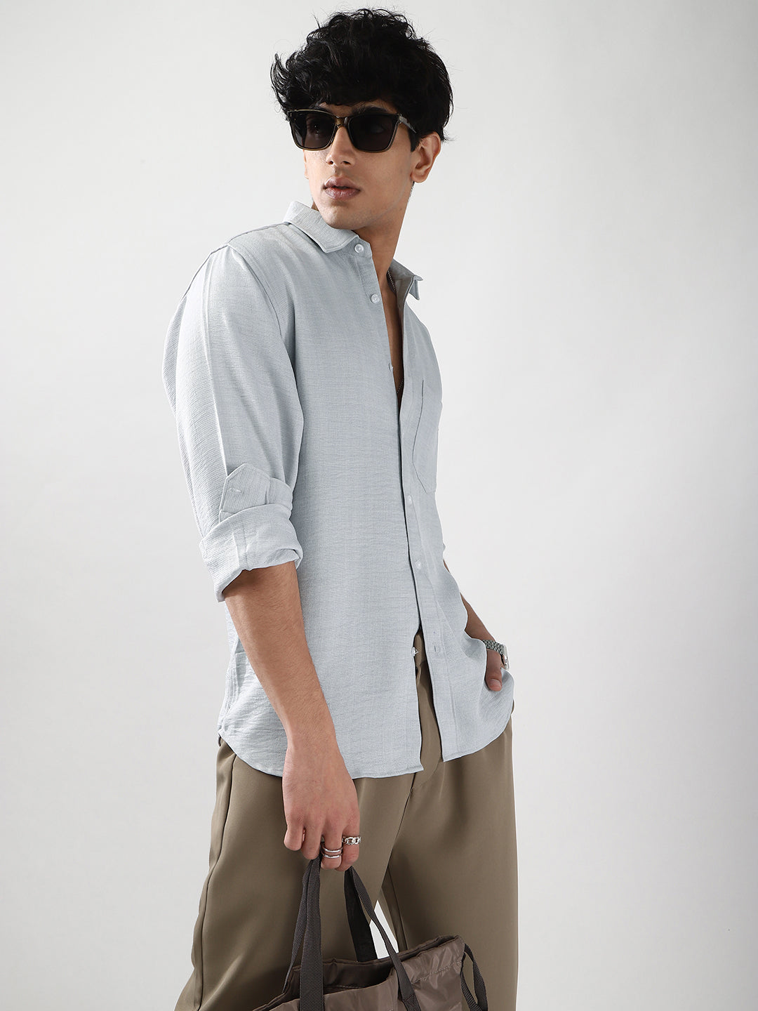 Men's Light Grey Linen Blend Full Sleeve Relaxed Fit Casual Solid Shirt