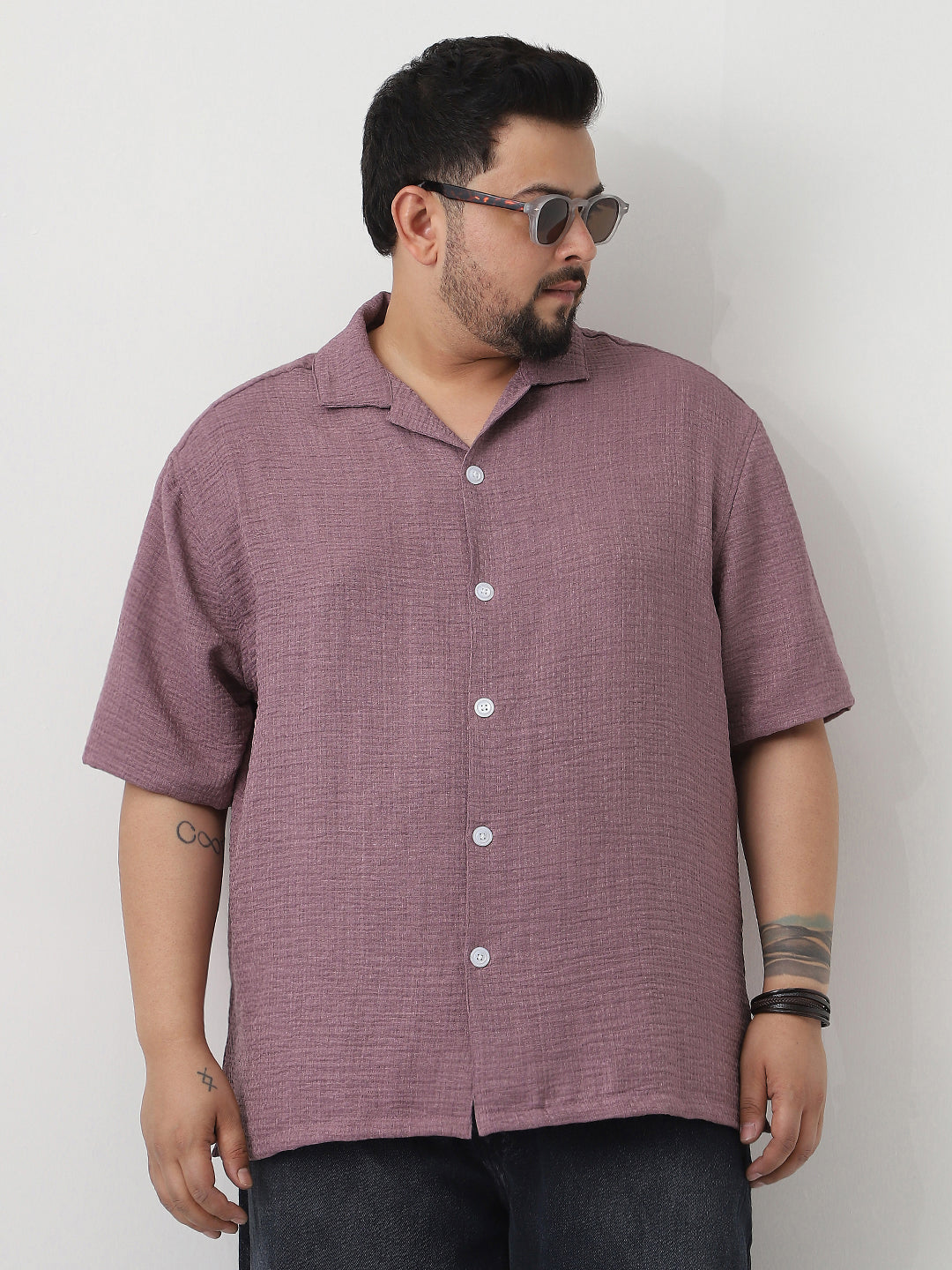 Plus Men's Purple Cotton Half Sleeve Oversized Fit Textured Shirt with Cuban Collar