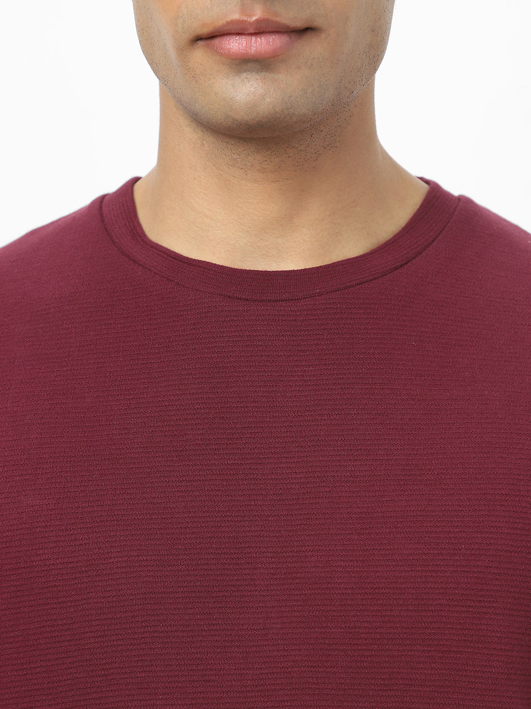 Men's Plum Textured Round Neck Oversized Half Sleeve Cotton T-Shirt