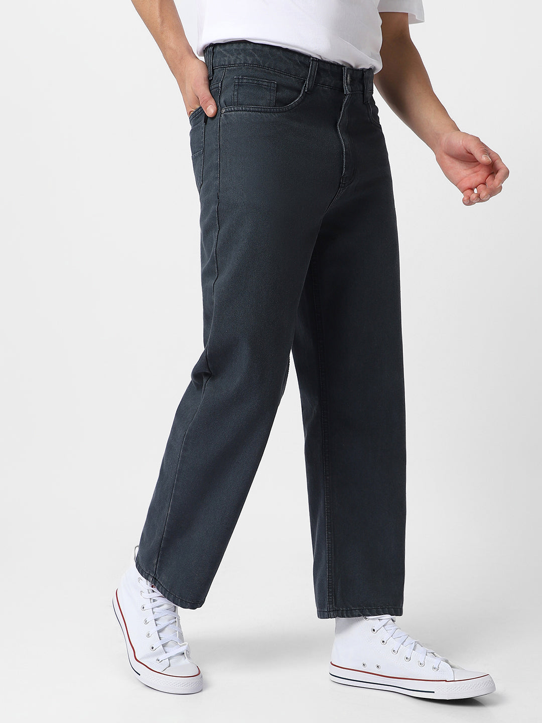 Men's Grey Loose Fit Washed Jeans Non-Stretchable