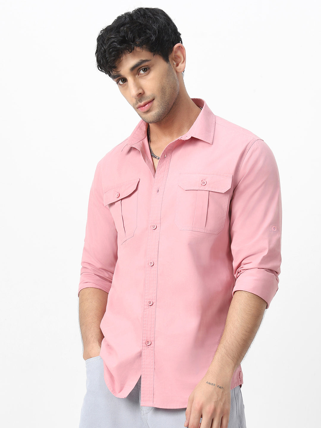 Men's Pink Cotton Full Sleeve Regular Fit Casual Solid Shirt