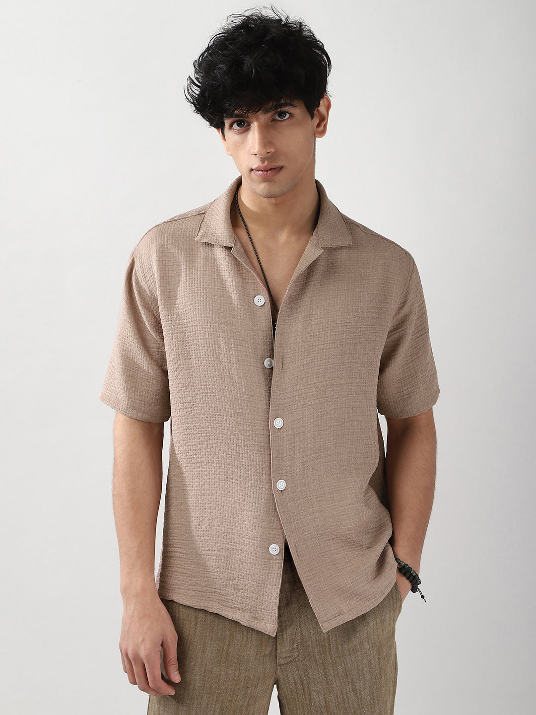 Men's Mocha Mousse Cotton Half Sleeve Oversized Fit Textured Shirt with Cuban Collar