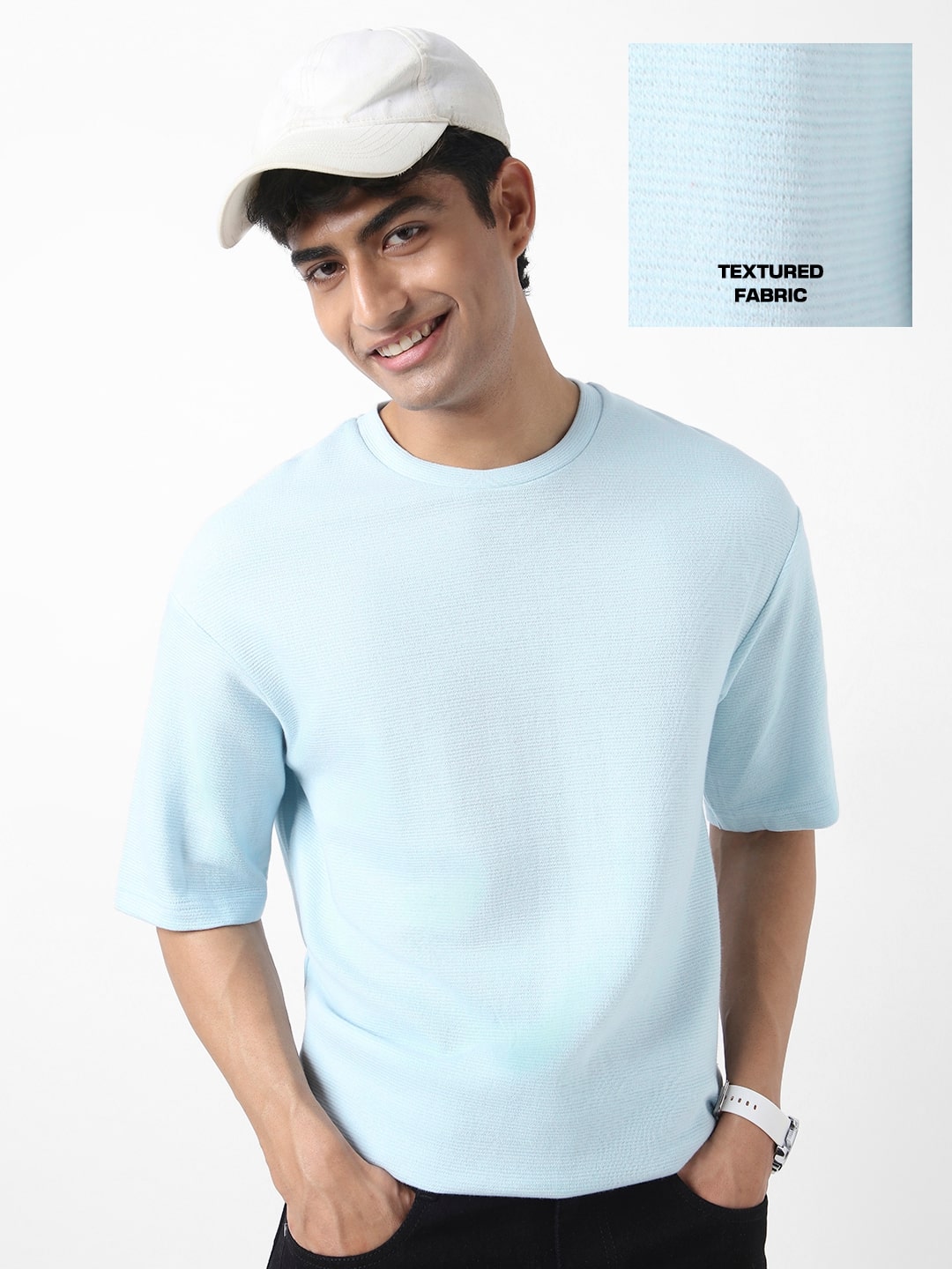 Men's Pastel Blue Textured Round Neck Oversized Half Sleeve Cotton T-Shirt