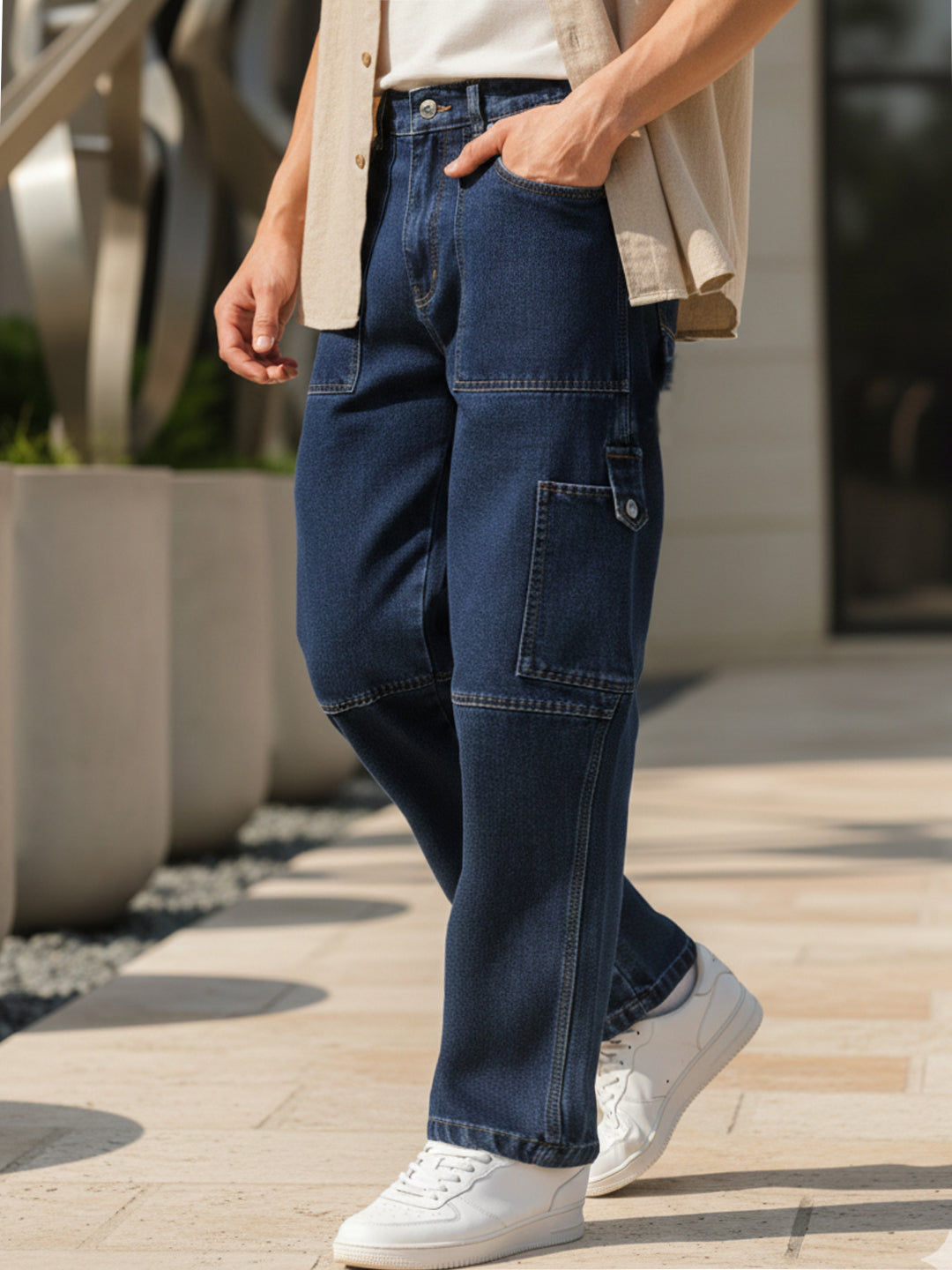 Men's Blue Loose Baggy Fit Washed Cargo Jeans with 6 Pockets Non-Stretchable