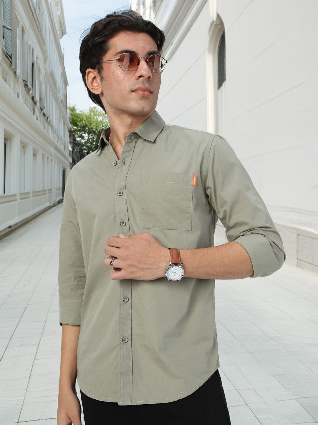 Men's Olive Cotton Full Sleeve Regular Fit Casual Solid Shirt