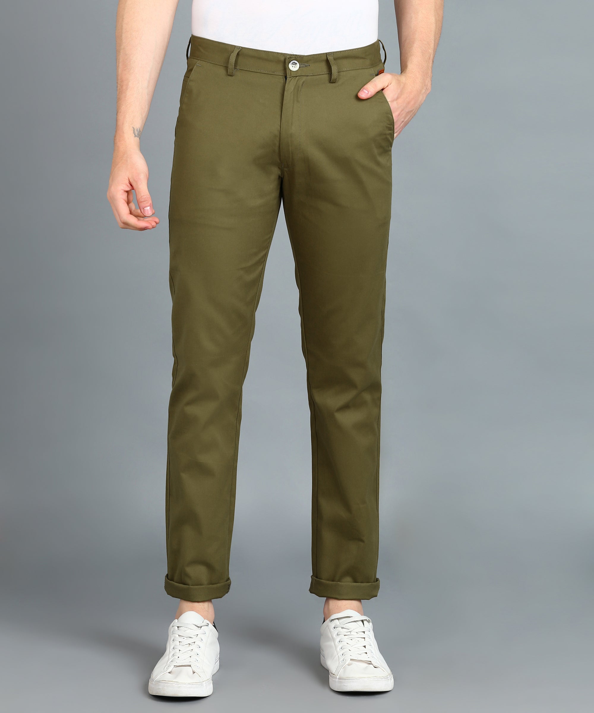 Men's Green Cotton Slim Fit Casual Chinos Trousers