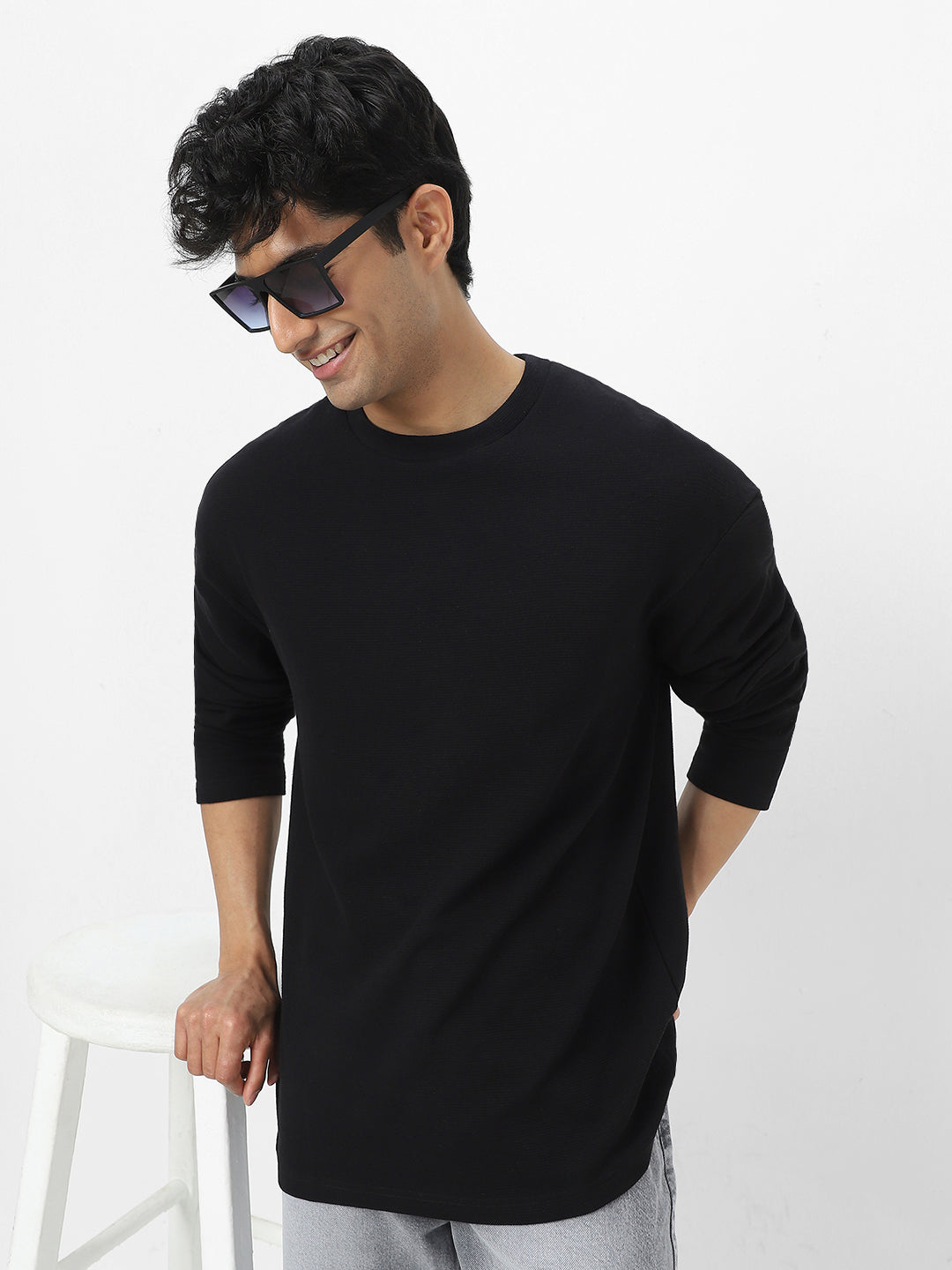 Men's Black Textured Round Neck Oversized Full Sleeve Cotton T-Shirt