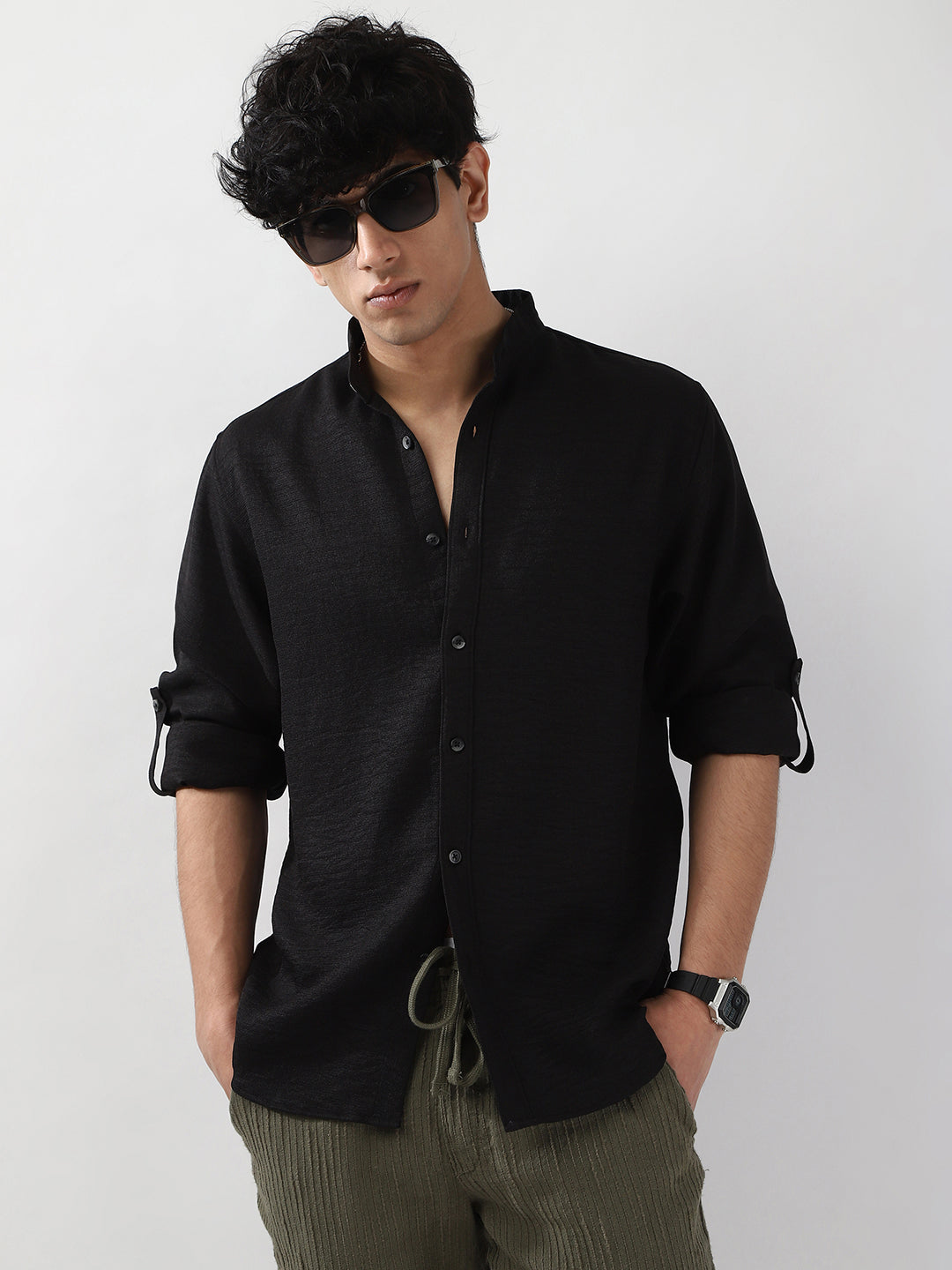 Men's Black Linen Blend Full Sleeve Relaxed Fit Mandarin Collar Casual Solid Shirt