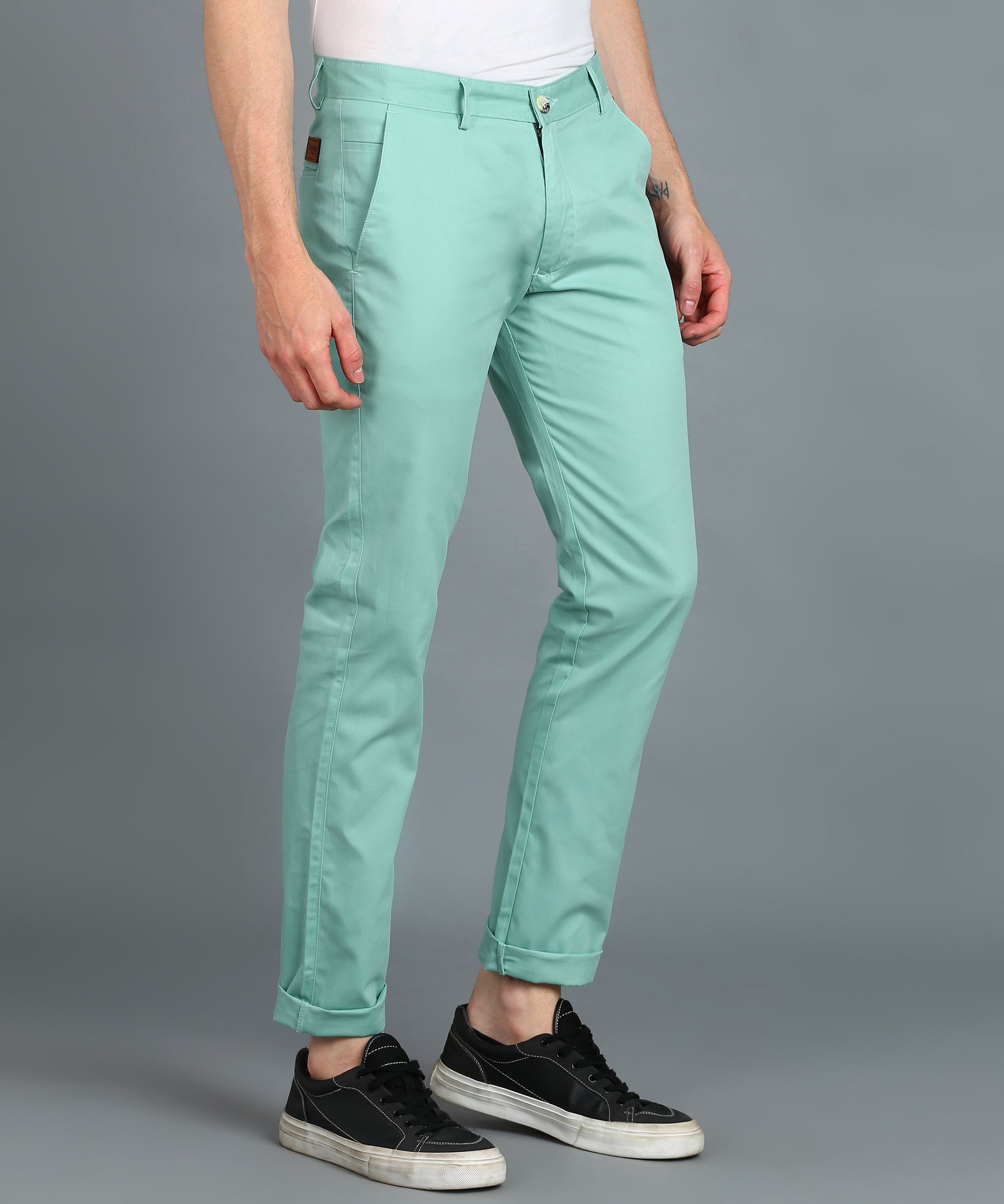 Men's Green Cotton Slim Fit Casual Chinos Trousers