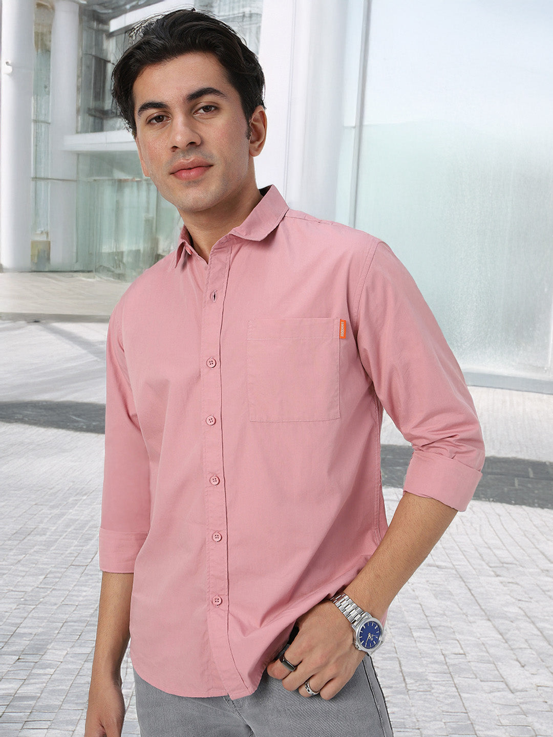 Men's Pink Cotton Full Sleeve Regular Fit Casual Solid Shirt