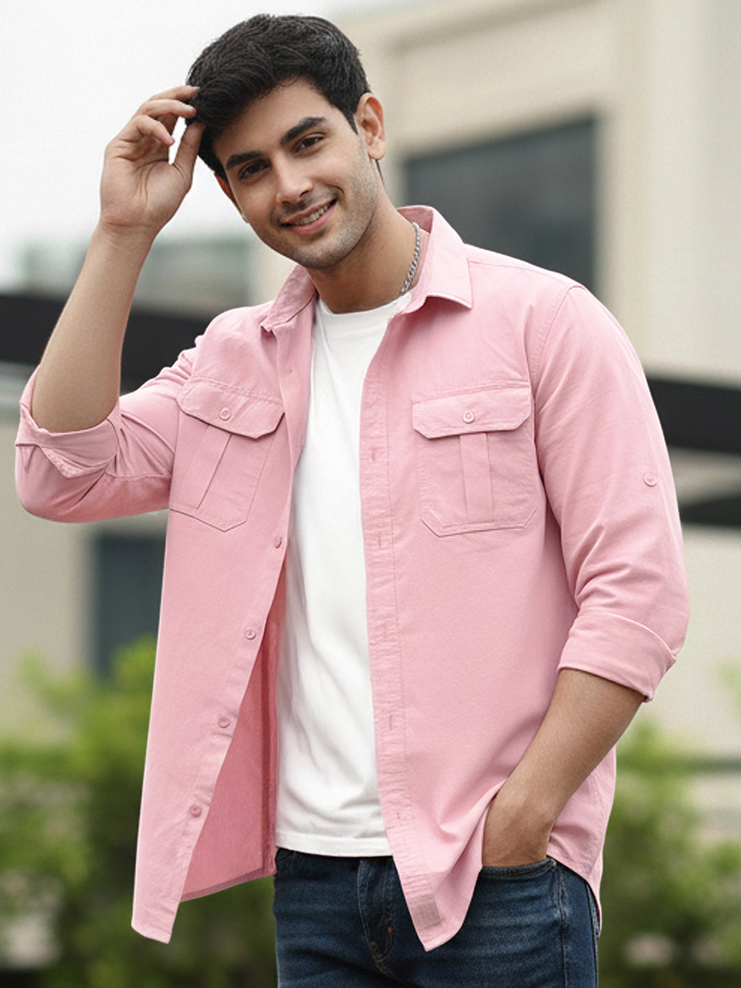 Men's Pink Cotton Full Sleeve Regular Fit Casual Solid Shirt