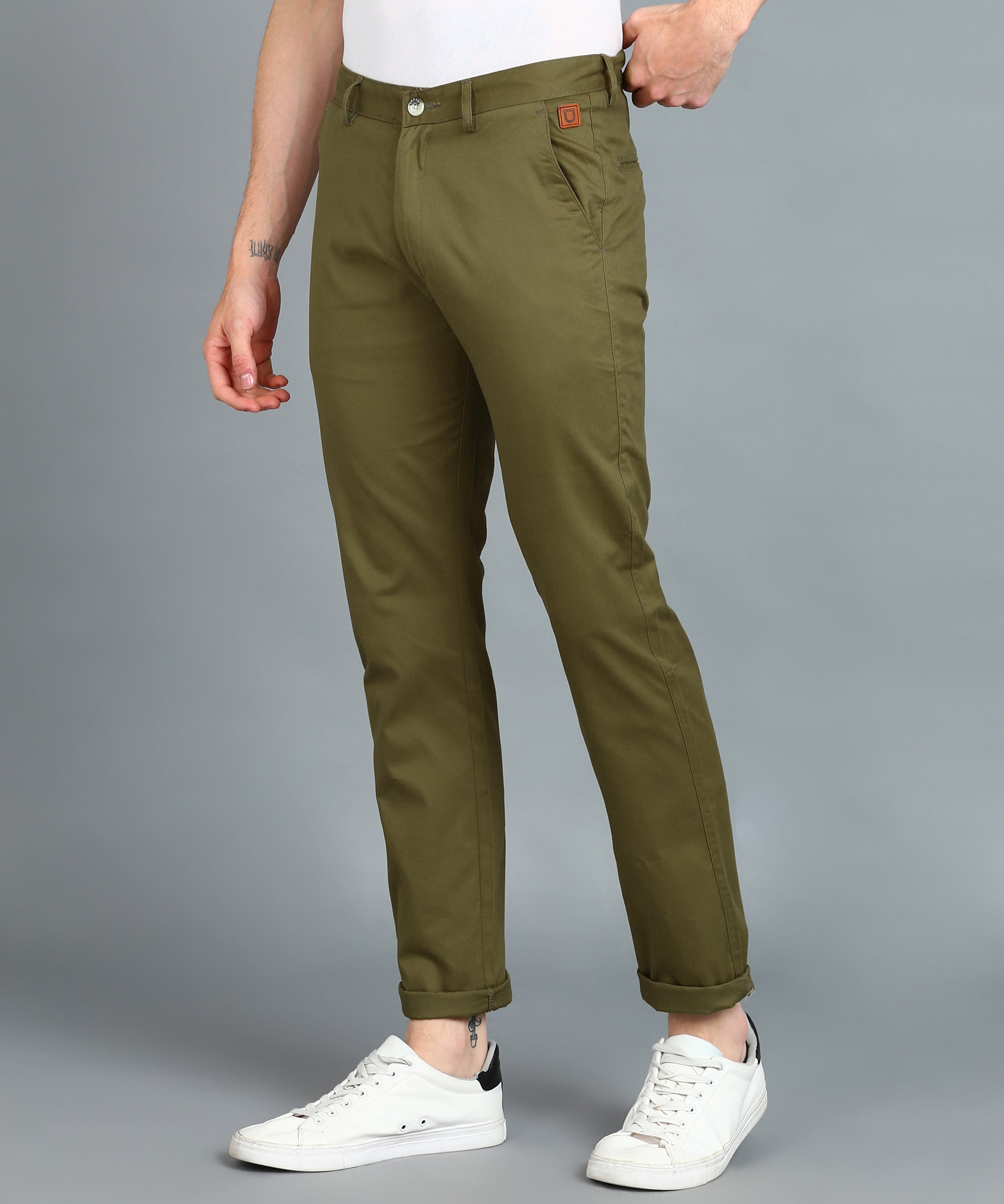 Men's Green Cotton Slim Fit Casual Chinos Trousers