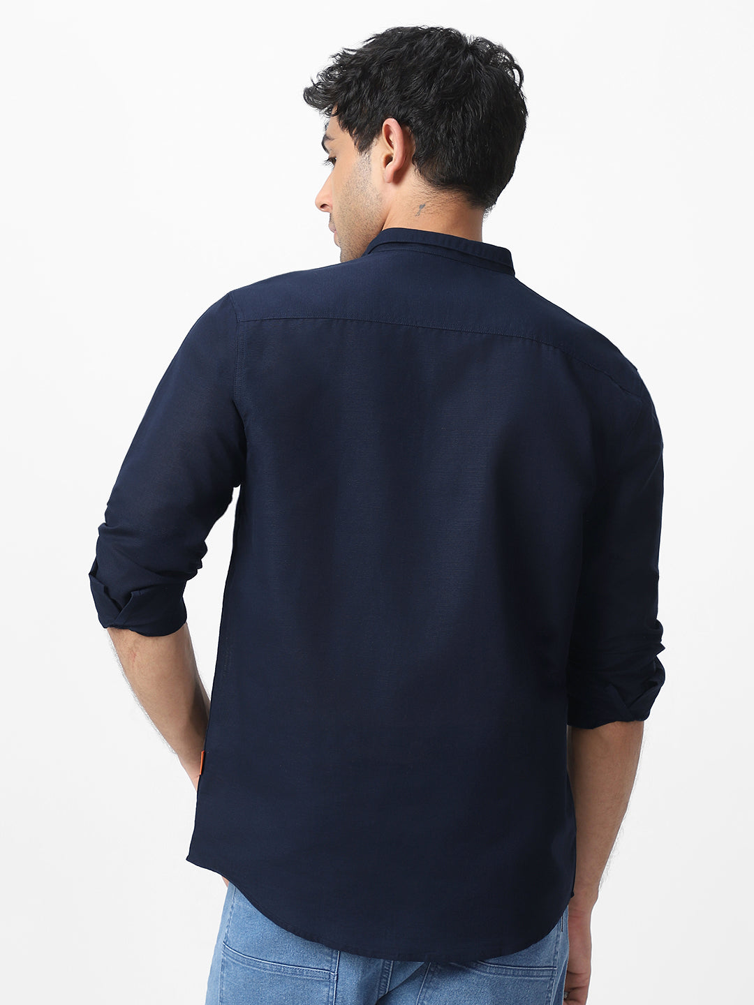 Men's Navy Cotton Full Sleeve Regular Fit Casual Solid Shirt with Band Collar