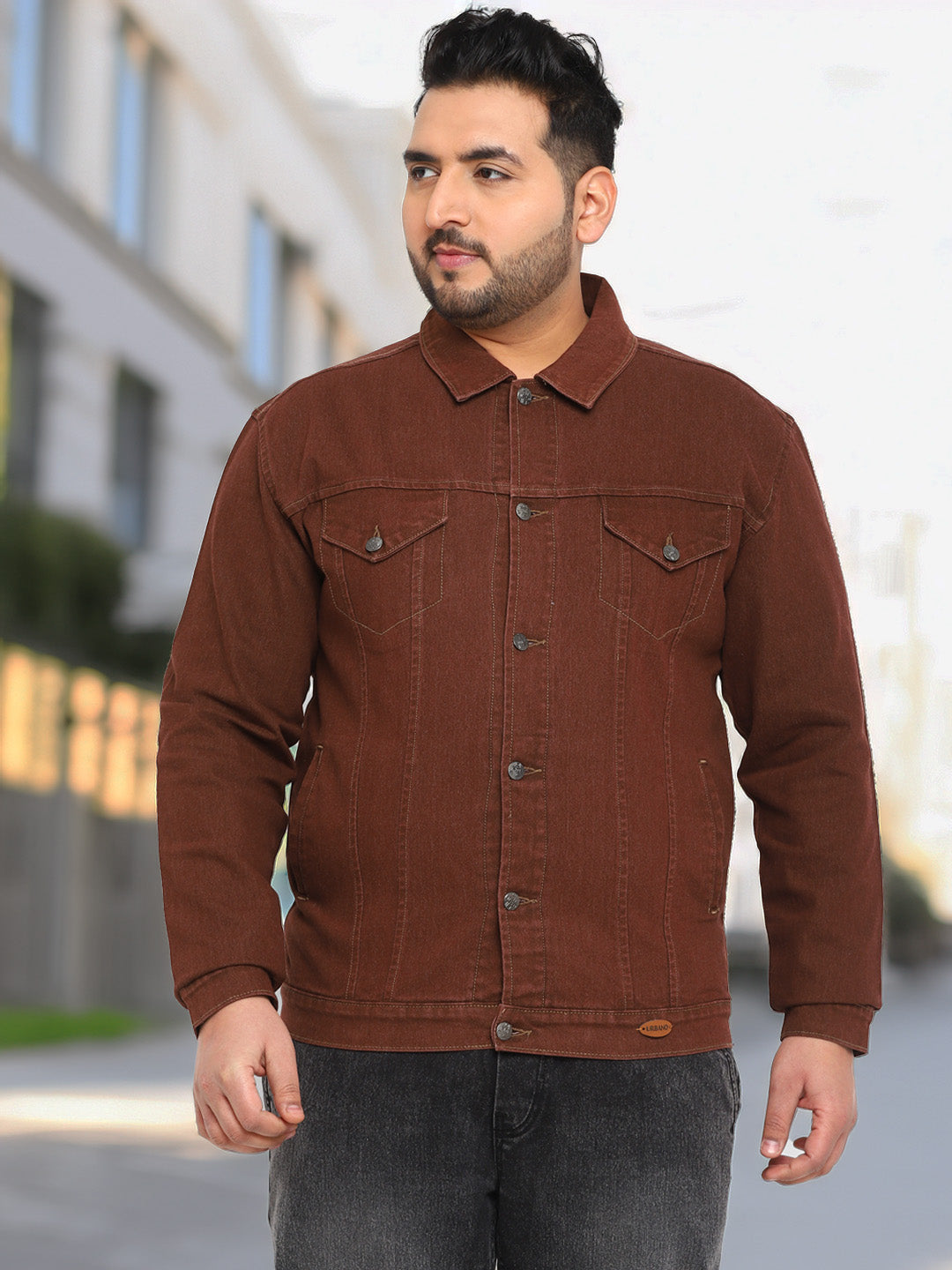 Plus Men's Brown Regular Fit Washed Full Sleeve Denim Jacket
