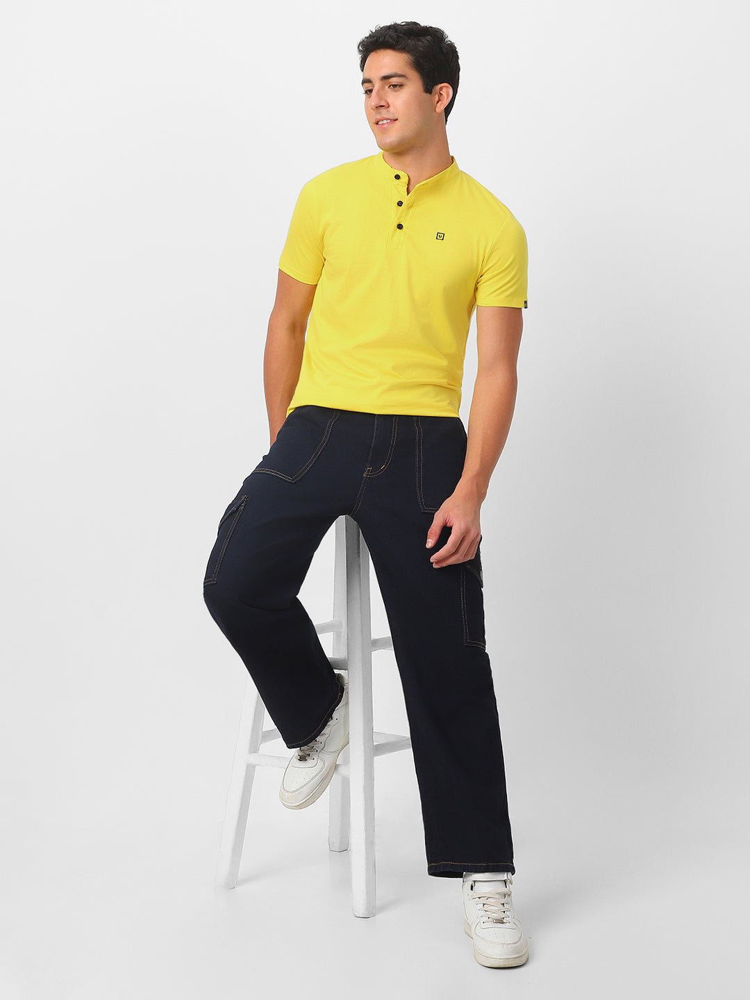 Men's Mustard Solid Mandarin Collar Slim Fit Cotton T-Shirt