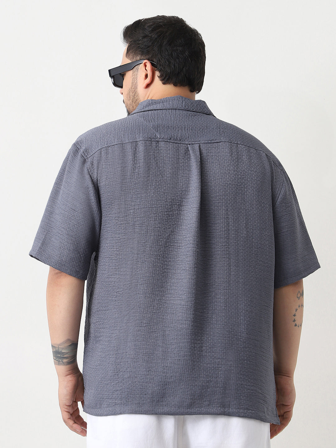 Plus Men's Slate Blue Cotton Half Sleeve Oversized Fit Textured Shirt with Cuban Collar