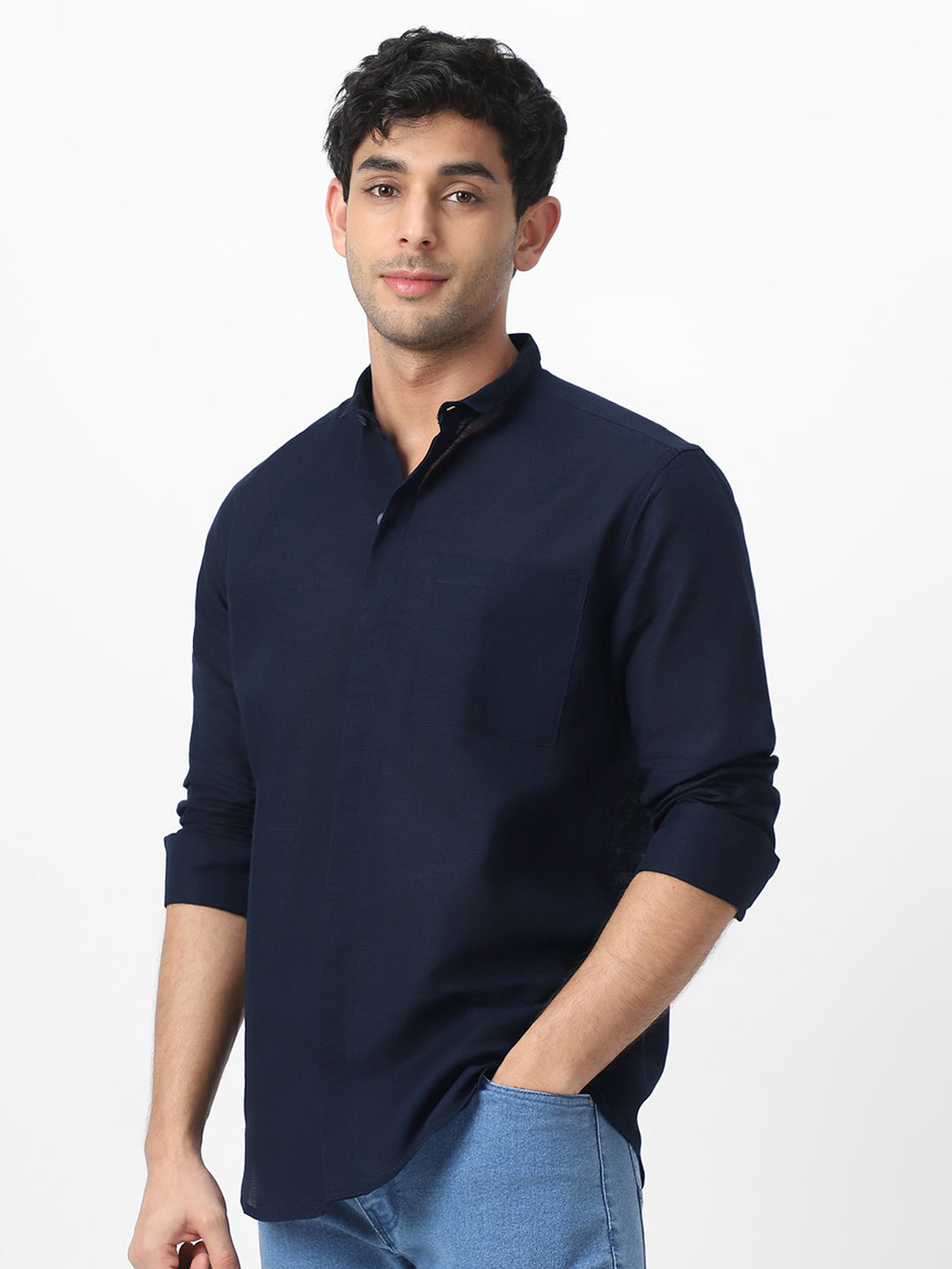 Men's Navy Cotton Full Sleeve Regular Fit Casual Solid Shirt with Band Collar