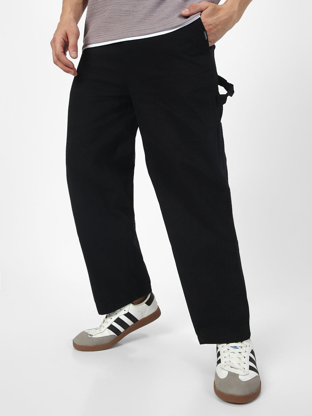 Men's Black Loose Baggy Fit Solid Carpenter Trouser Pant with 5 Pockets Non-Stretchable