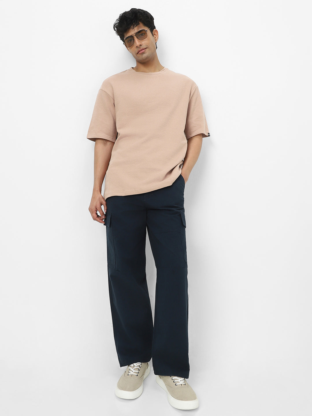 Men's Ginger Root Textured Round Neck Oversized Half Sleeve Cotton T-Shirt