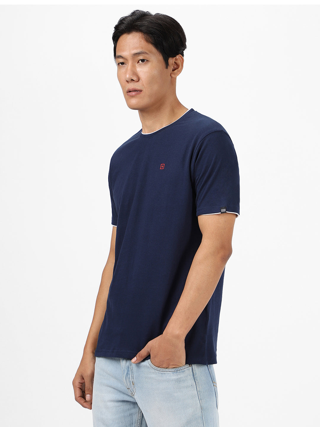 Men's Solid Navy Blue Round Neck Half Sleeve Slim Fit Cotton T-Shirt