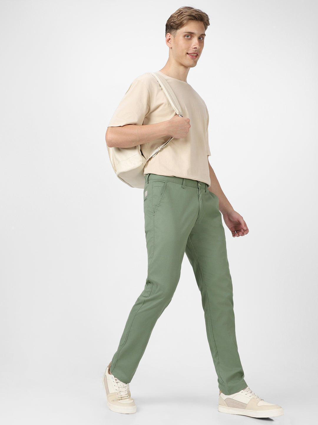 Men's Green Cotton Slim Fit Casual Chinos Trousers