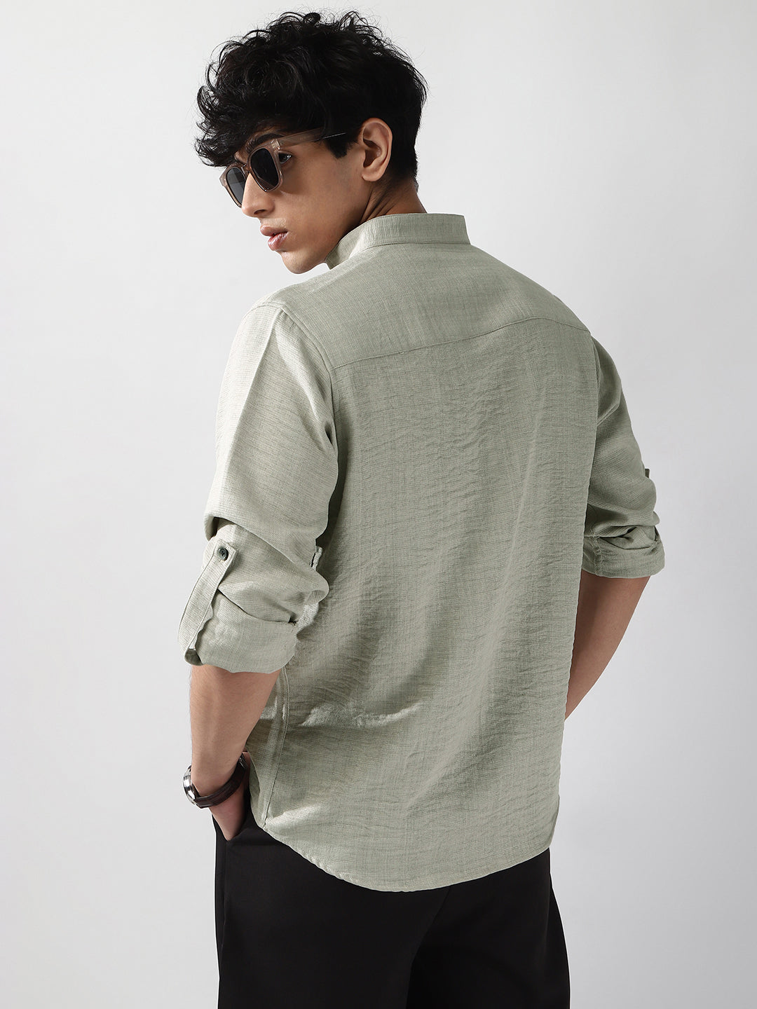 Men's Beige Linen Blend Full Sleeve Relaxed Fit Mandarin Collar Casual Solid Shirt