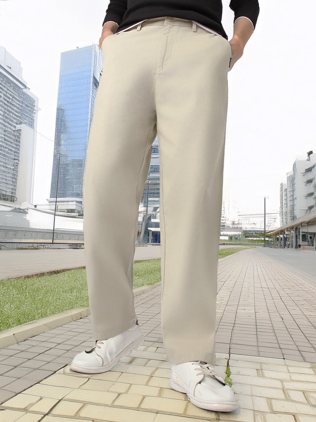 Men's Light Grey Loose Baggy Fit Solid Chino Trousers Non-Stretchable