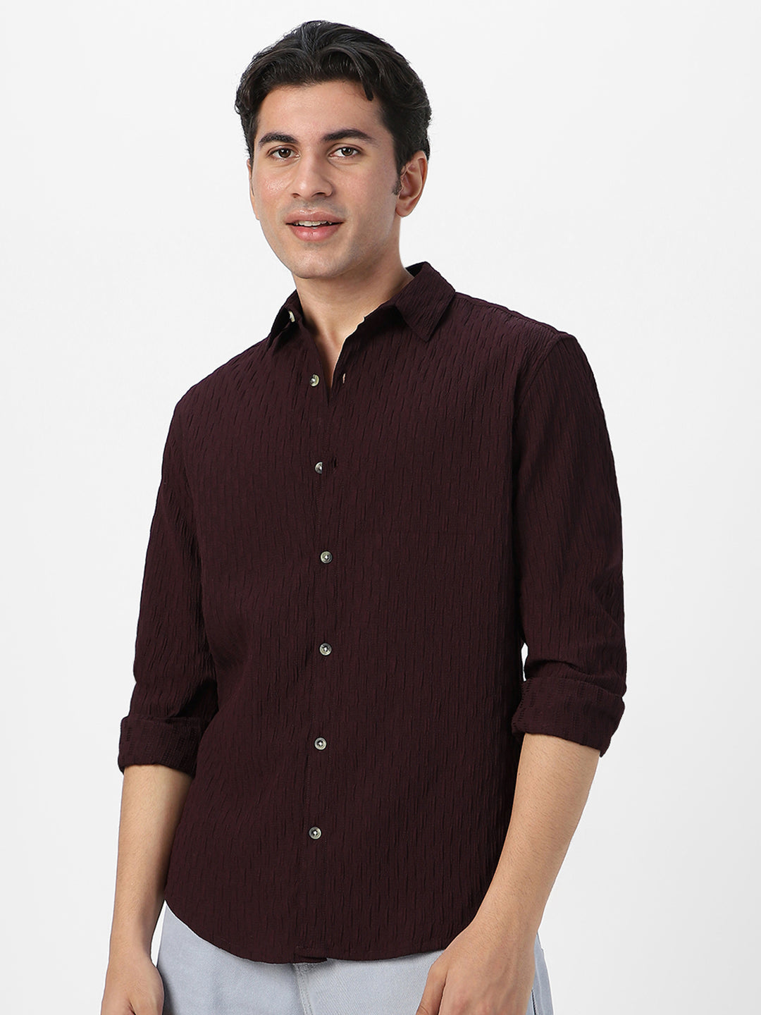 Men's Maroon Cotton Full Sleeve Regular Fit Textured Shirt with Spread Collar