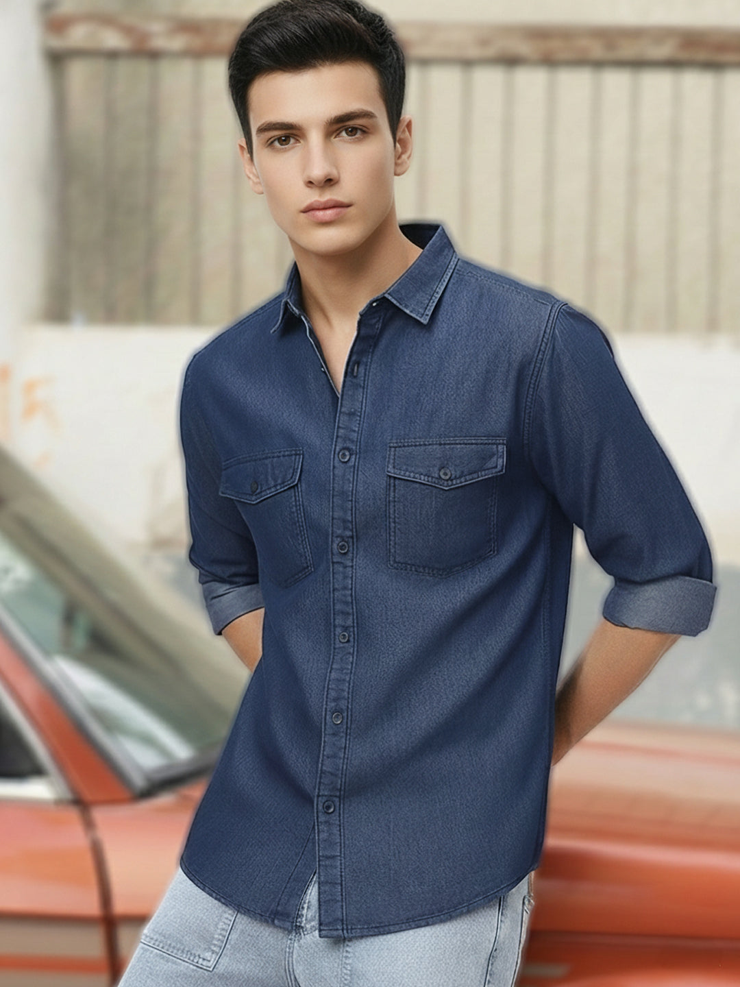 Men's Dark Blue Full Sleeve Regular Fit Casual Denim Shirt