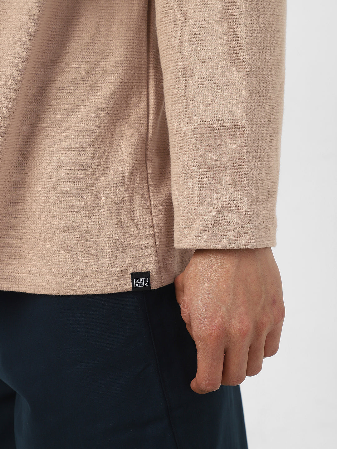 Men's Ginger Root Textured Round Neck Oversized Full Sleeve Cotton T-Shirt