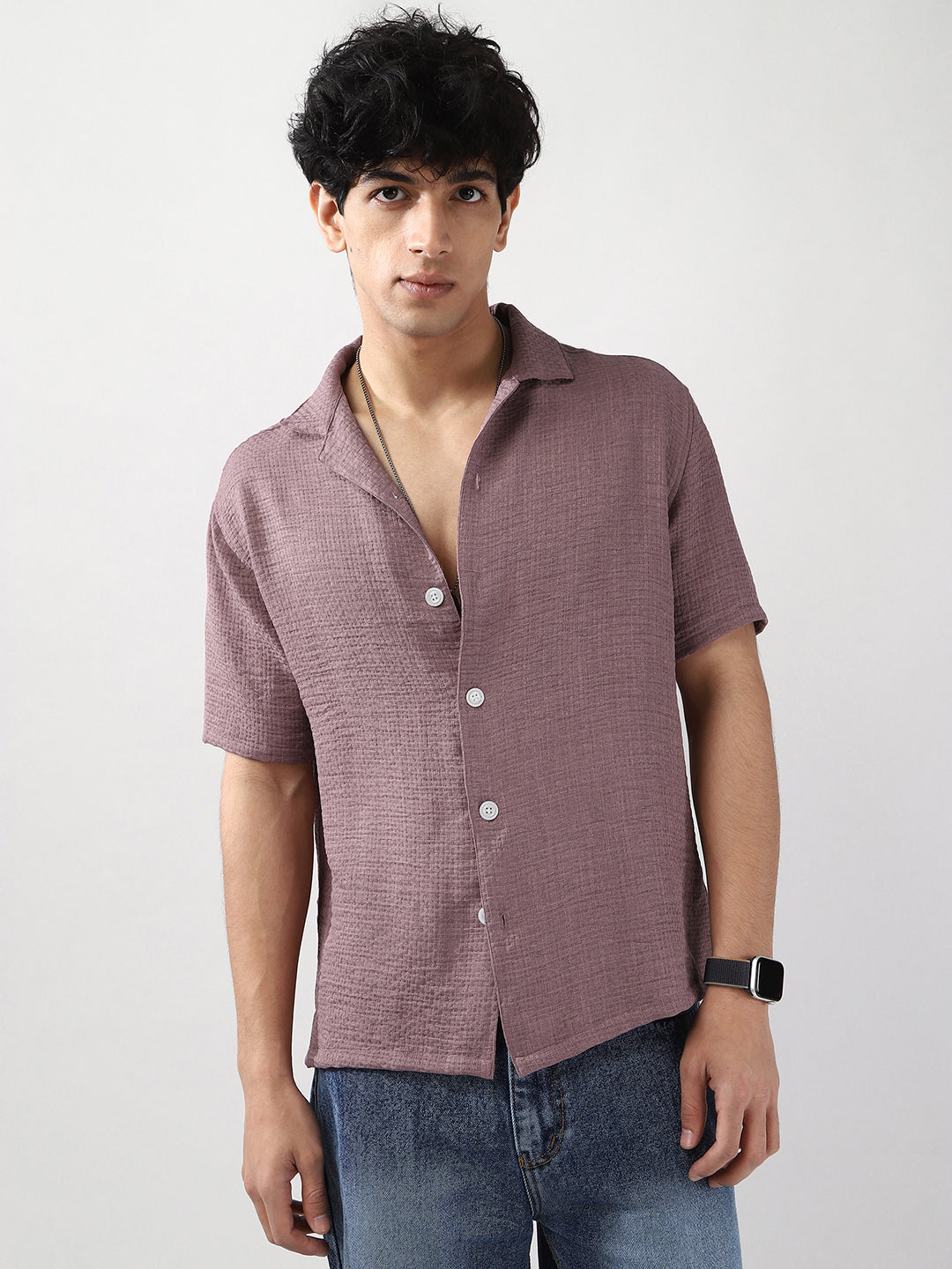Men's Purple Cotton Half Sleeve Oversized Fit Textured Shirt with Cuban Collar