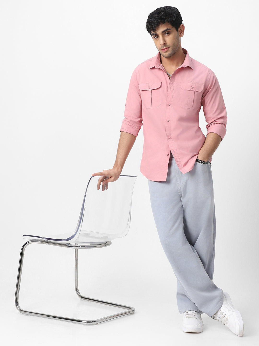 Men's Pink Cotton Full Sleeve Regular Fit Casual Solid Shirt