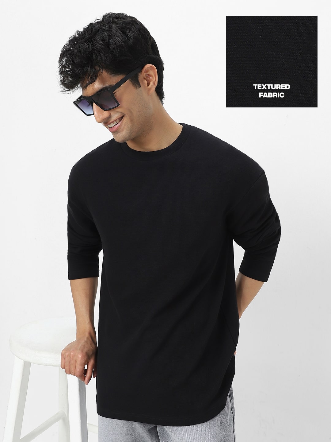 Men's Black Textured Round Neck Oversized Full Sleeve Cotton T-Shirt