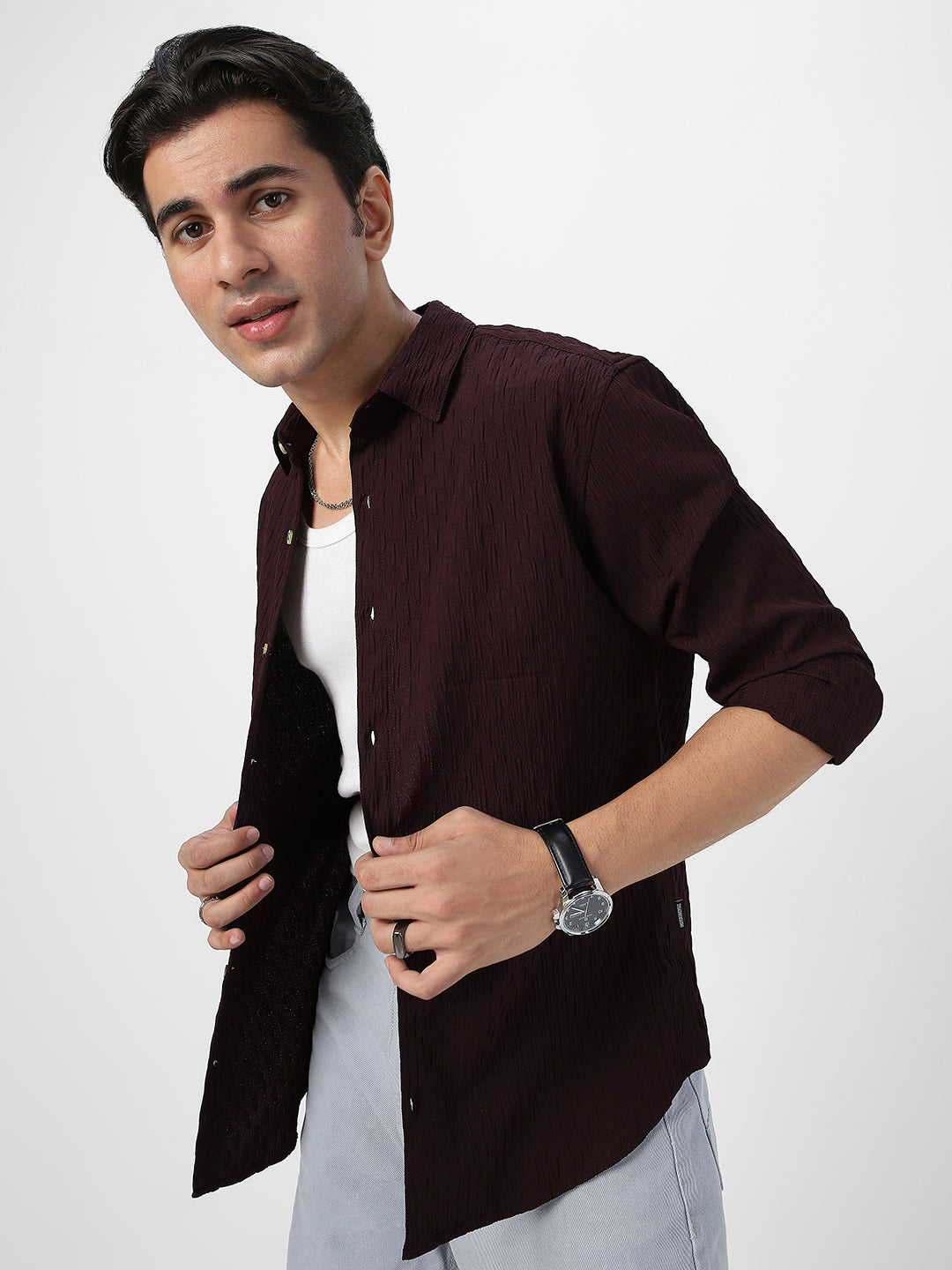 Men's Maroon Cotton Full Sleeve Regular Fit Textured Shirt with Spread Collar