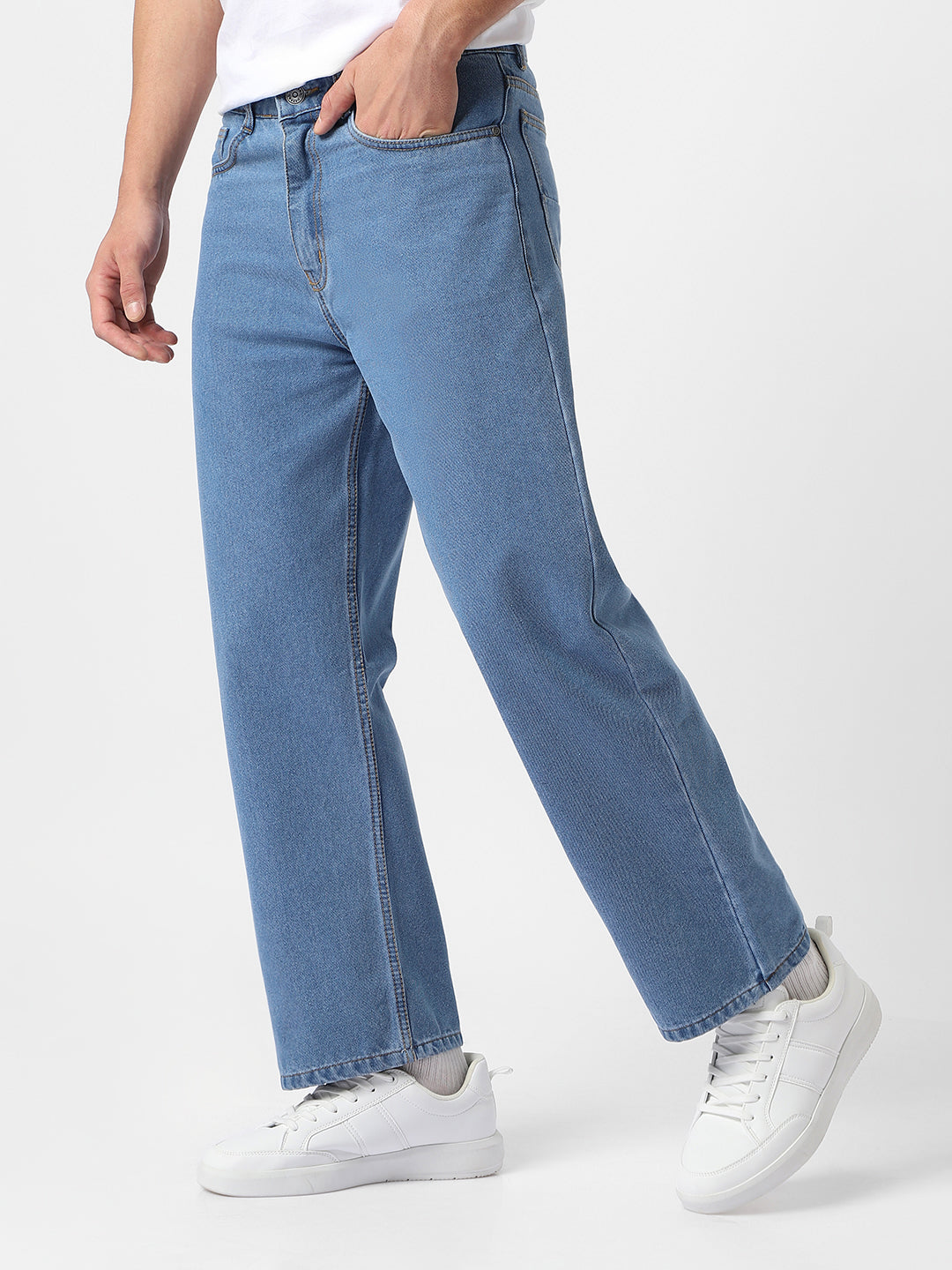 Men's Light Blue Loose Fit Washed Jeans Non-Stretchable
