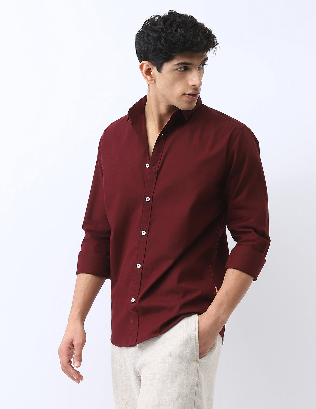 Men's Maroon Cotton Full Sleeve Regular Fit Casual Solid Shirt