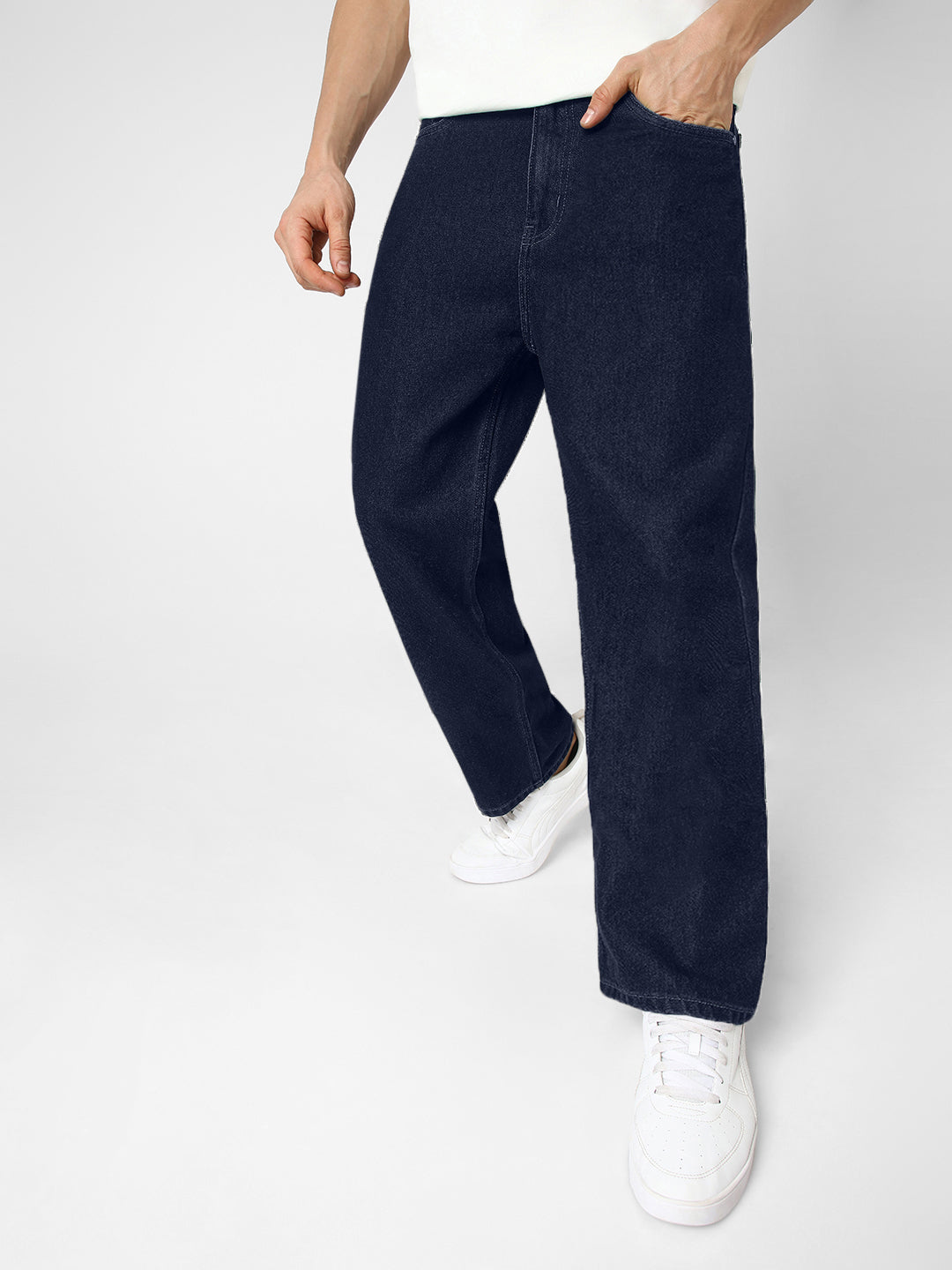 Men's Dark Blue Loose Fit Washed Jeans Non-Stretchable